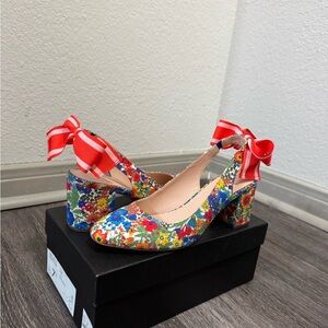 NWT J. Crew Liberty Floral Heels with Red Bow Slingback